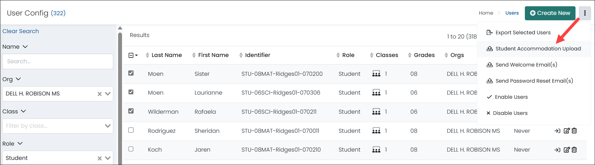 menu option for Student Accommodation Upload for multiple students